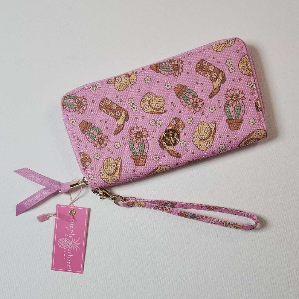 Simply Southern Pink Western Wallet Wristlet – Cowboy Boots & Cactus Print – NWT